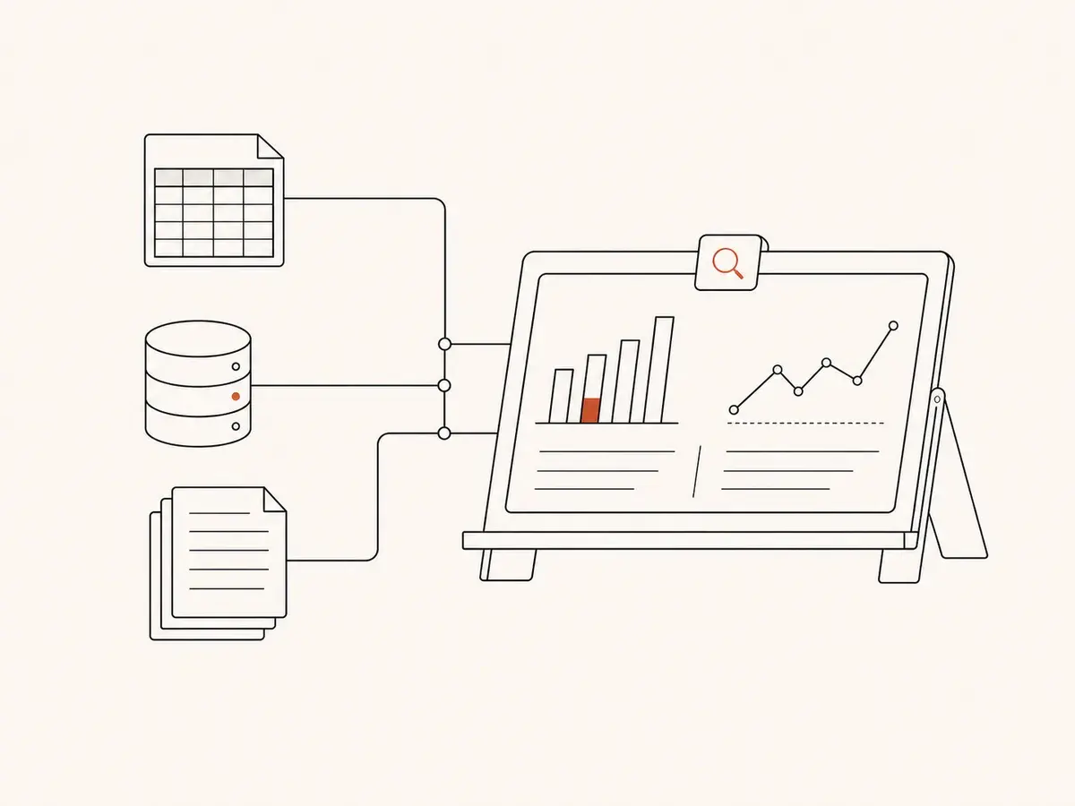 表やデータベースがダッシュボードに集約されるイラスト